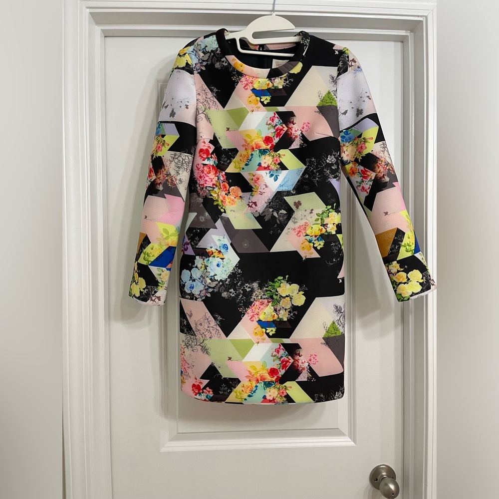 NWT Geometric Print Floral Long Sleeves Sheath Dress Multicolor Women Size S